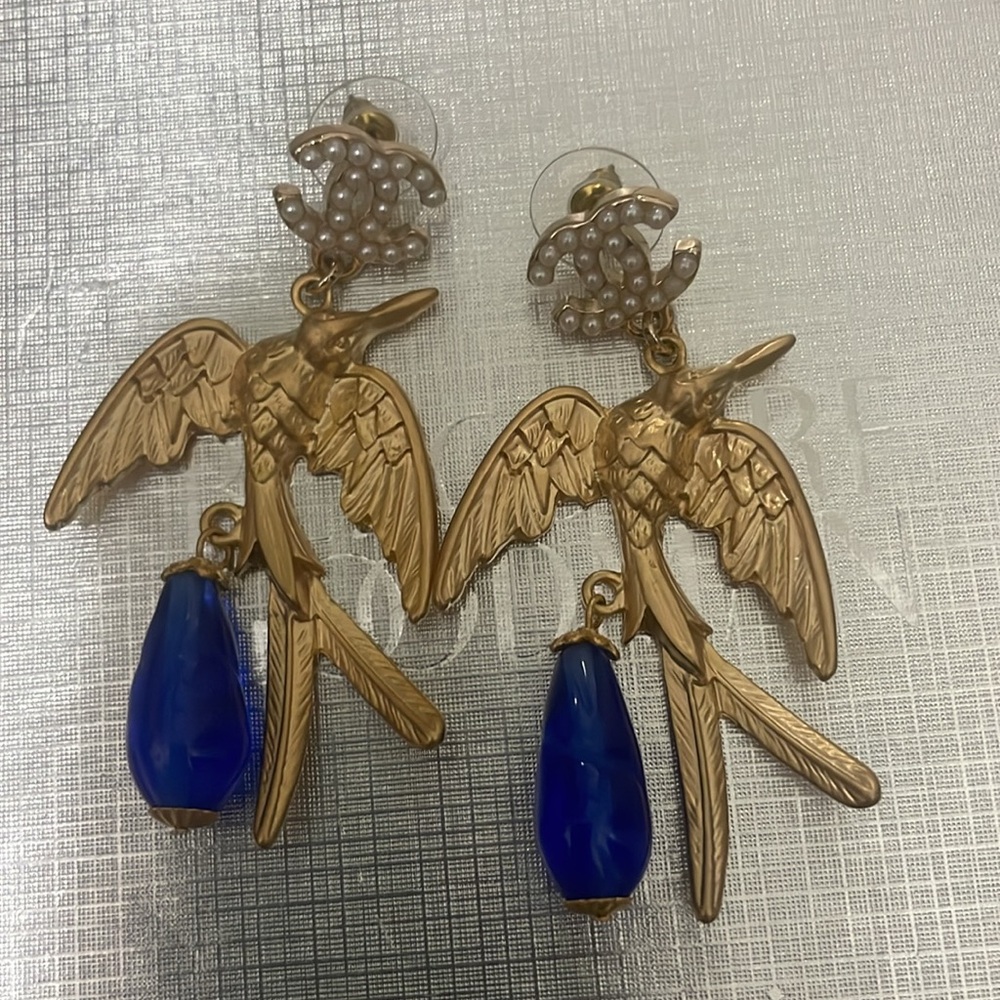 C Gold and Blue Bird Earrings